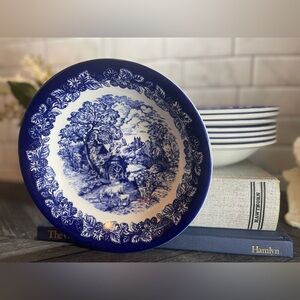 Set of 8 Staffordshire Farmhouse Blue & White Ironstone Shallow Bowls or Plates